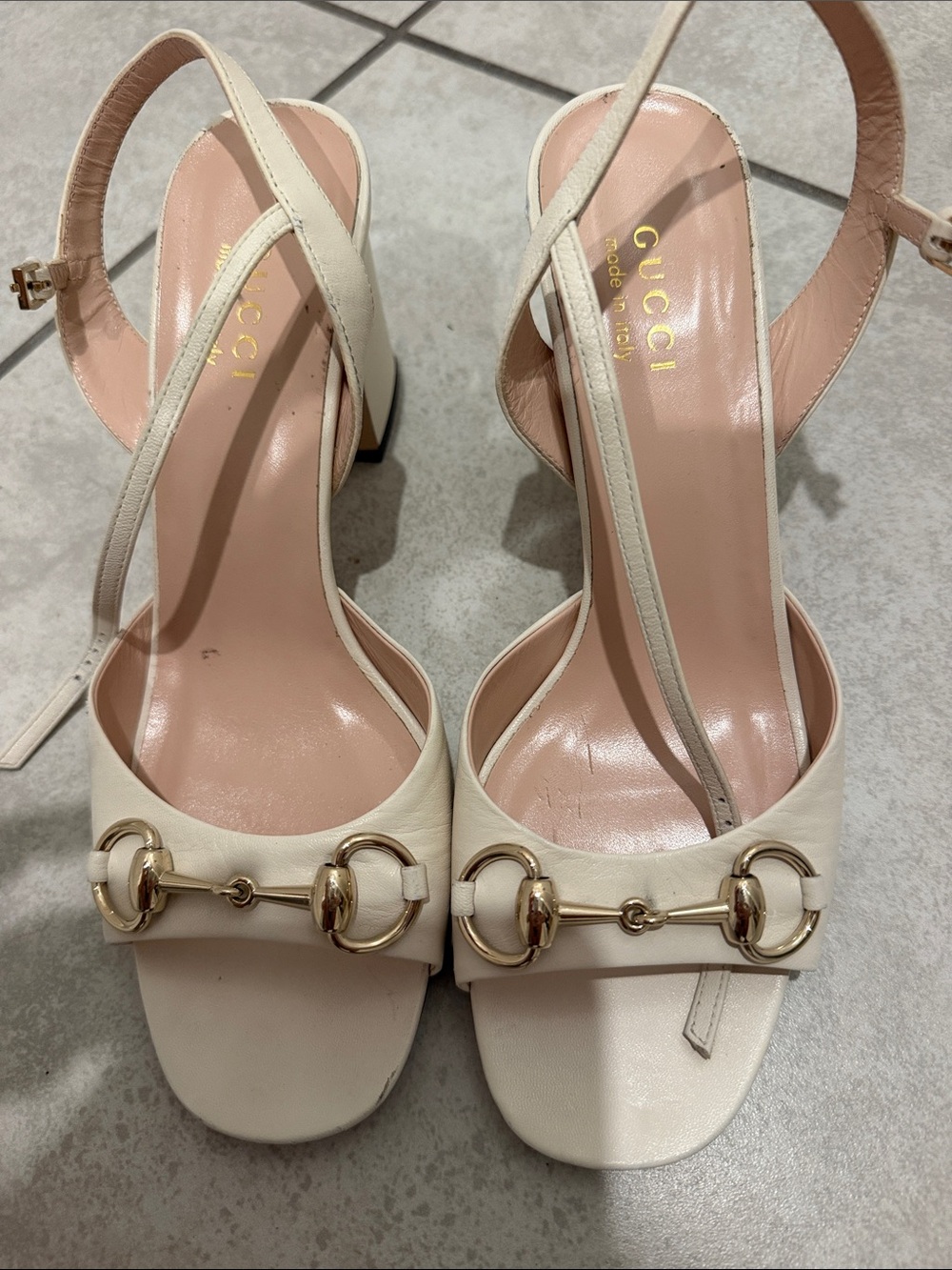 Gucci Cream Leather Horsebit Slingback Heels with Pink Insole